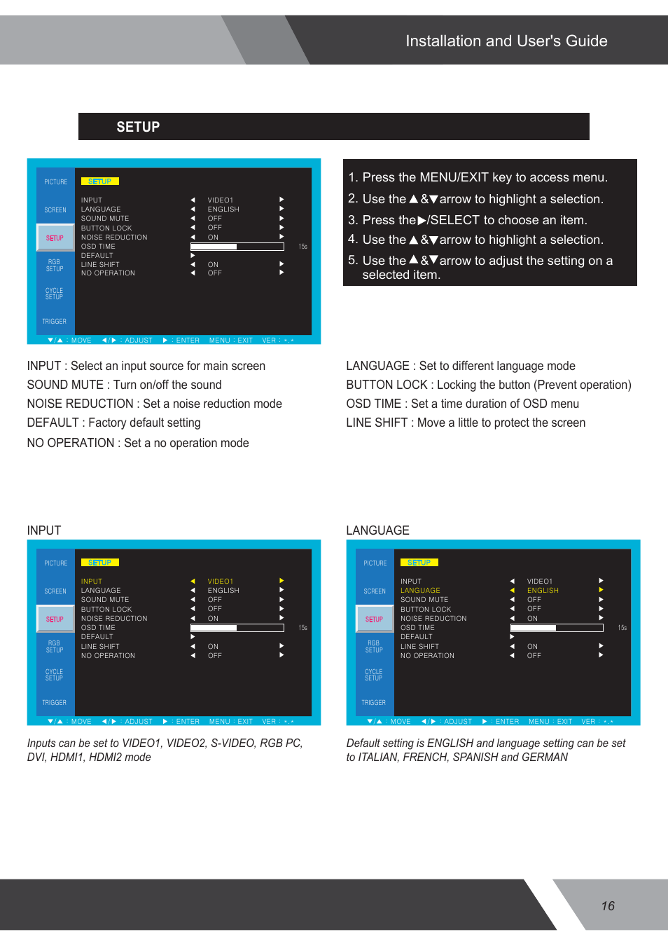 Installation and user's guide, Setup | Eneo VMC-32LEDM User Manual | Page 16 / 36
