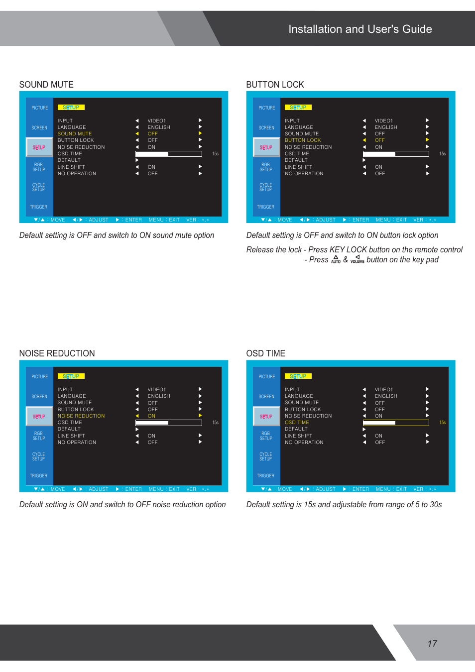 Installation and user's guide, Sound mute button lock, Noise reduction osd time | Eneo VMC-32LEDM User Manual | Page 17 / 36