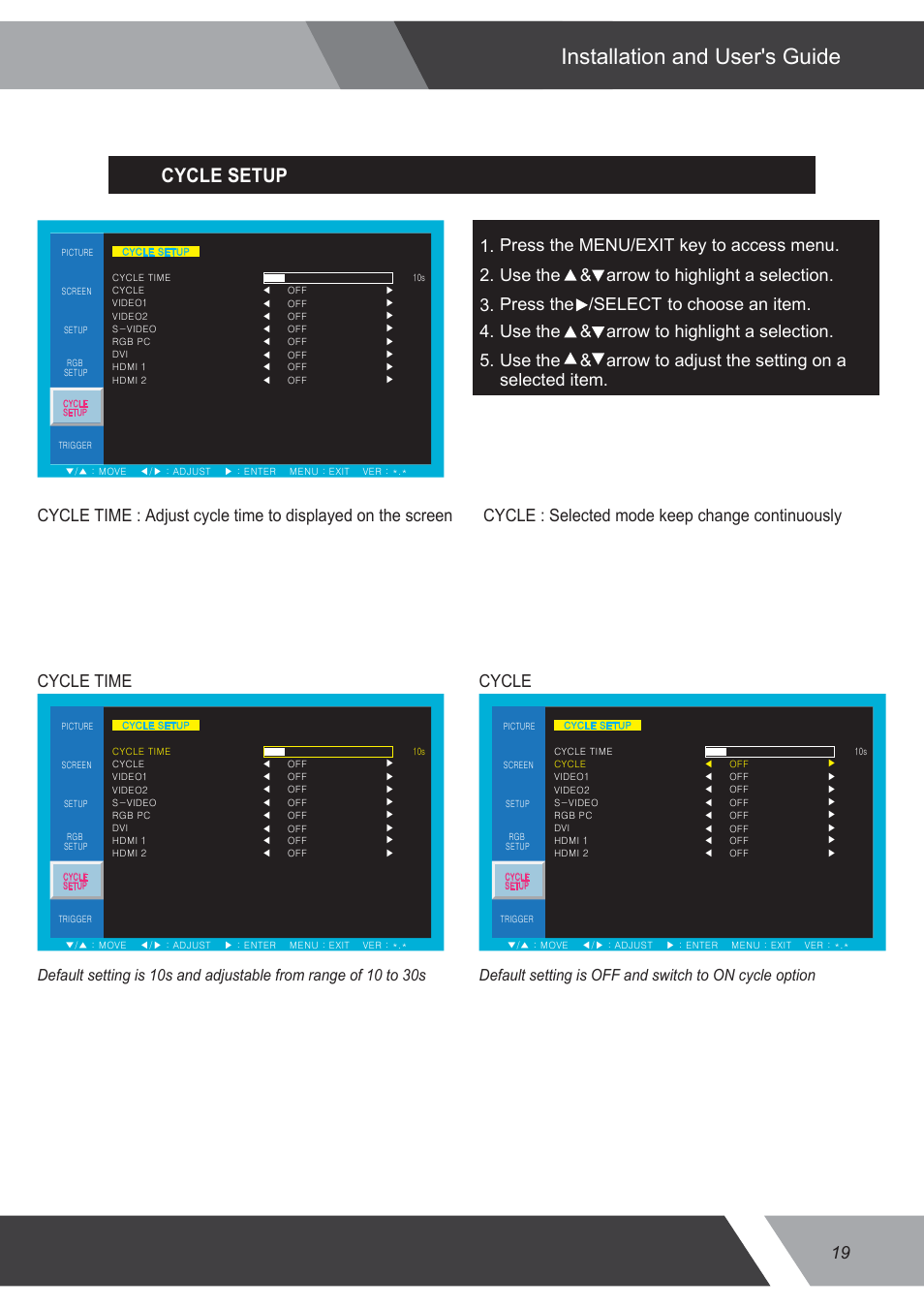 Installation and user's guide, Cycle setup | Eneo VMC-32LEDM User Manual | Page 19 / 36