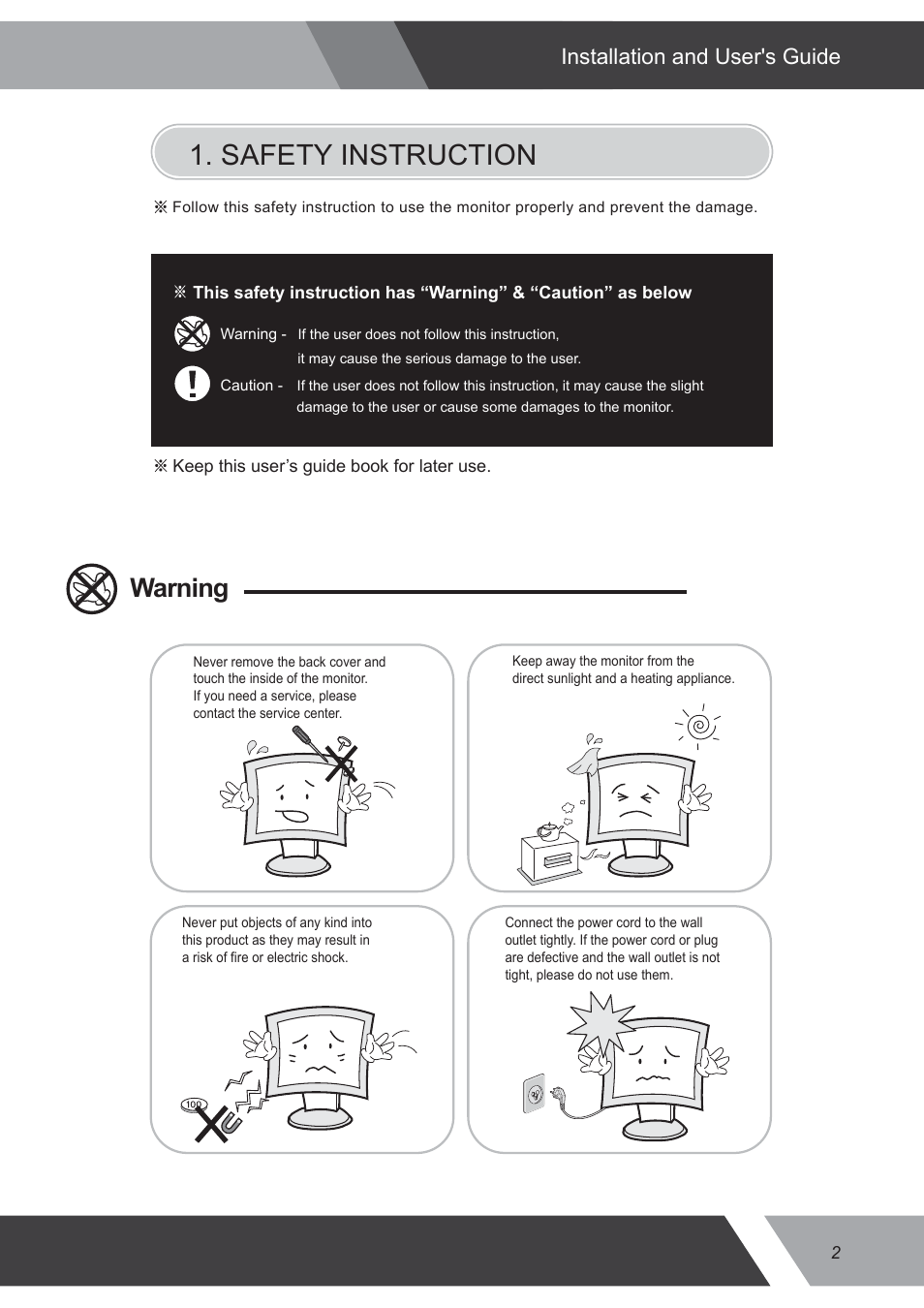 Safety instruction, Warning, Installation and user's guide | Eneo VMC-32LEDM User Manual | Page 2 / 36