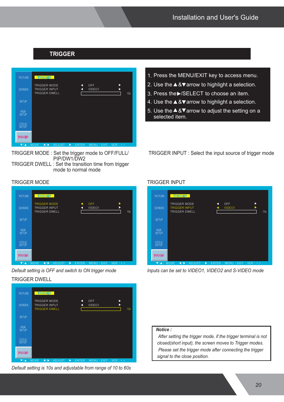 Installation and user's guide, Trigger, Trigger dwell | Eneo VMC-32LEDM User Manual | Page 20 / 36