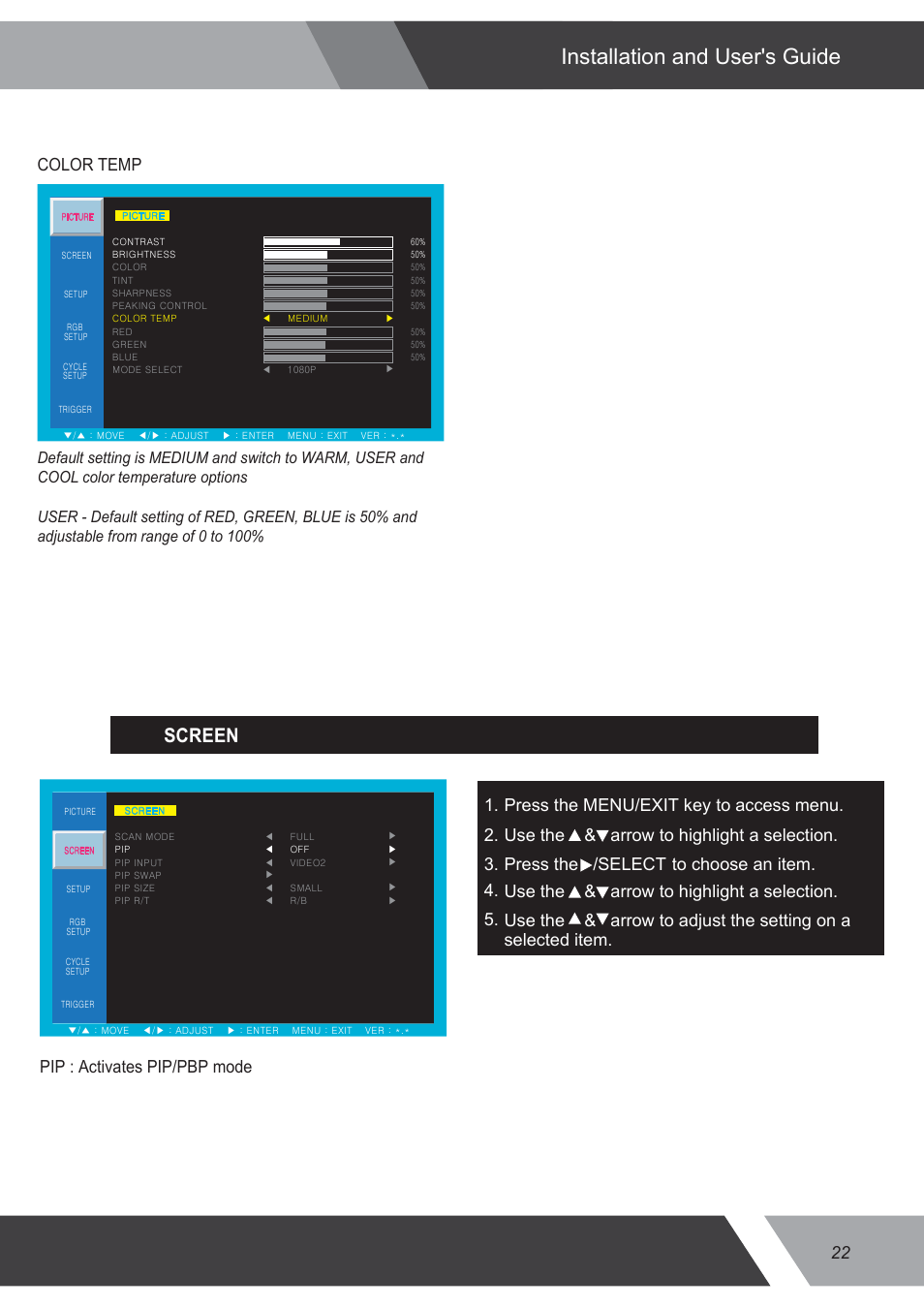 Installation and user's guide, Screen, Color temp | Pip : activates pip/pbp mode | Eneo VMC-32LEDM User Manual | Page 22 / 36