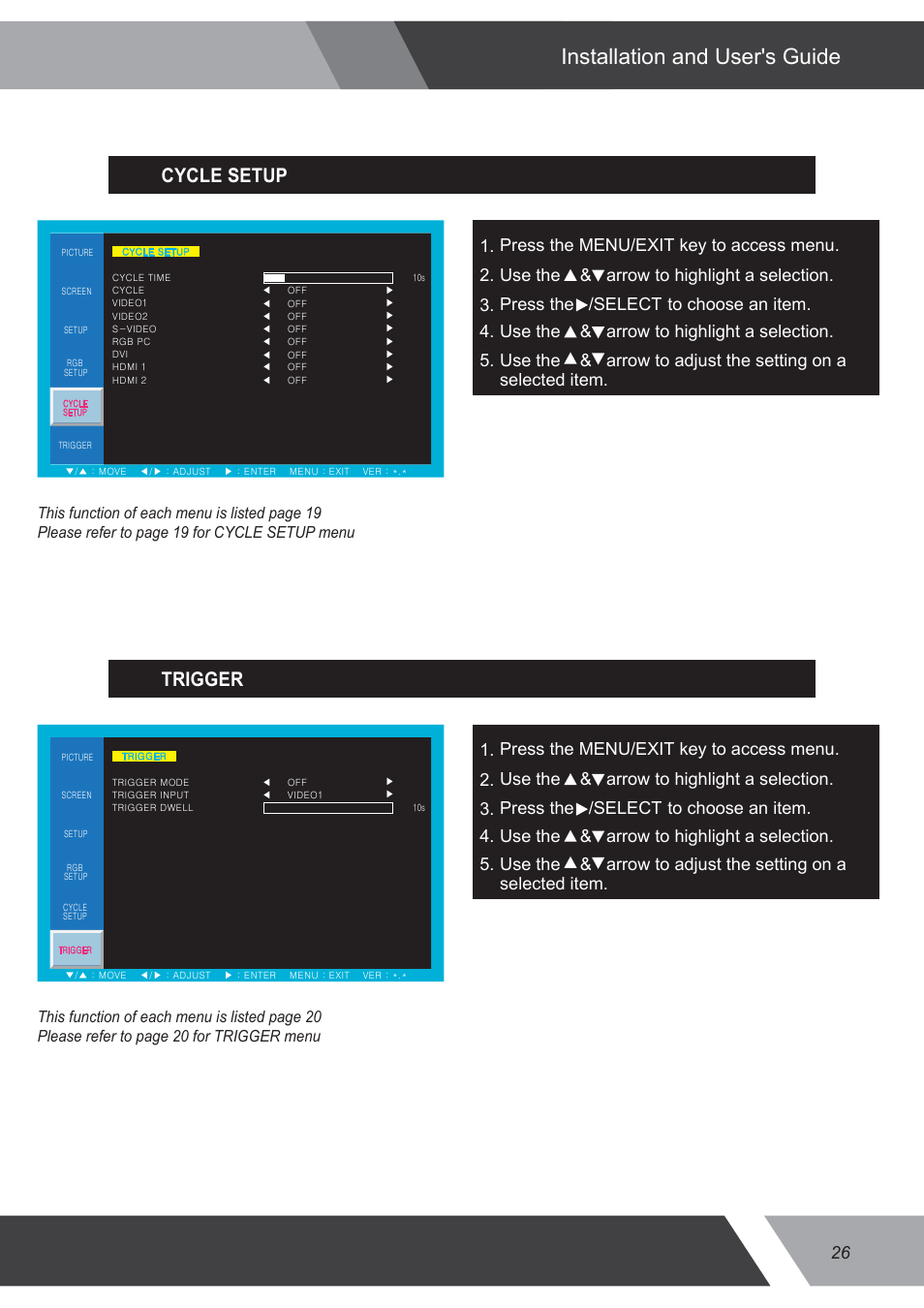 Installation and user's guide, Cycle setup, Trigger | Eneo VMC-32LEDM User Manual | Page 26 / 36