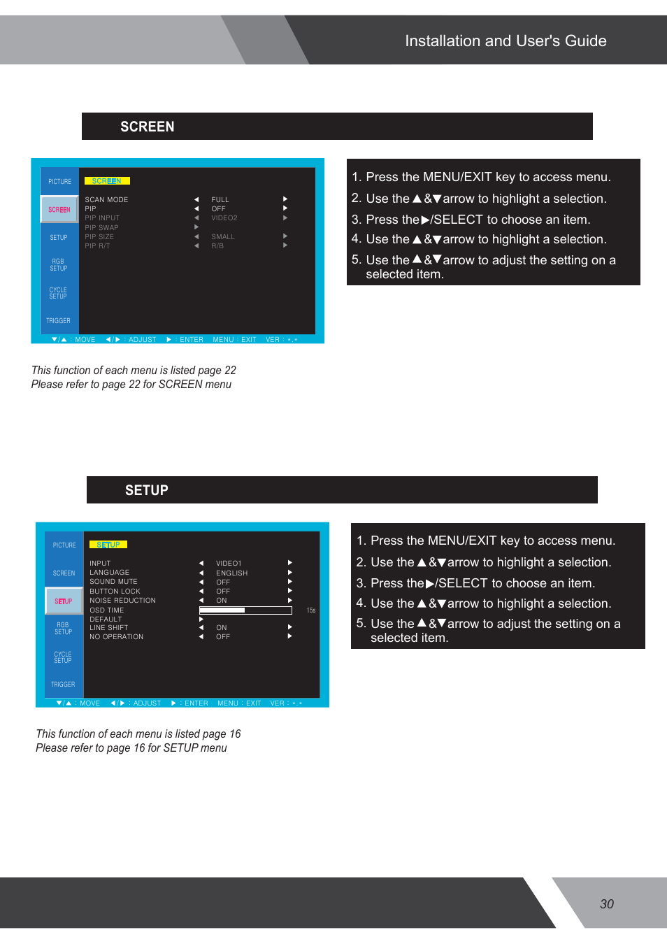 Installation and user's guide, Screen, Setup | Eneo VMC-32LEDM User Manual | Page 30 / 36