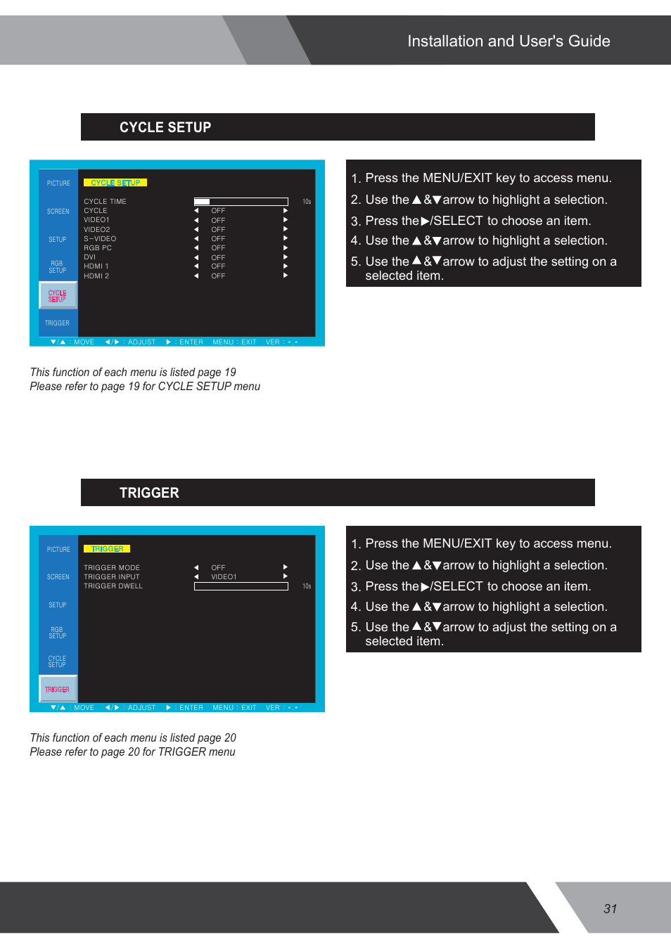 Installation and user's guide, Cycle setup, Trigger | Eneo VMC-32LEDM User Manual | Page 31 / 36