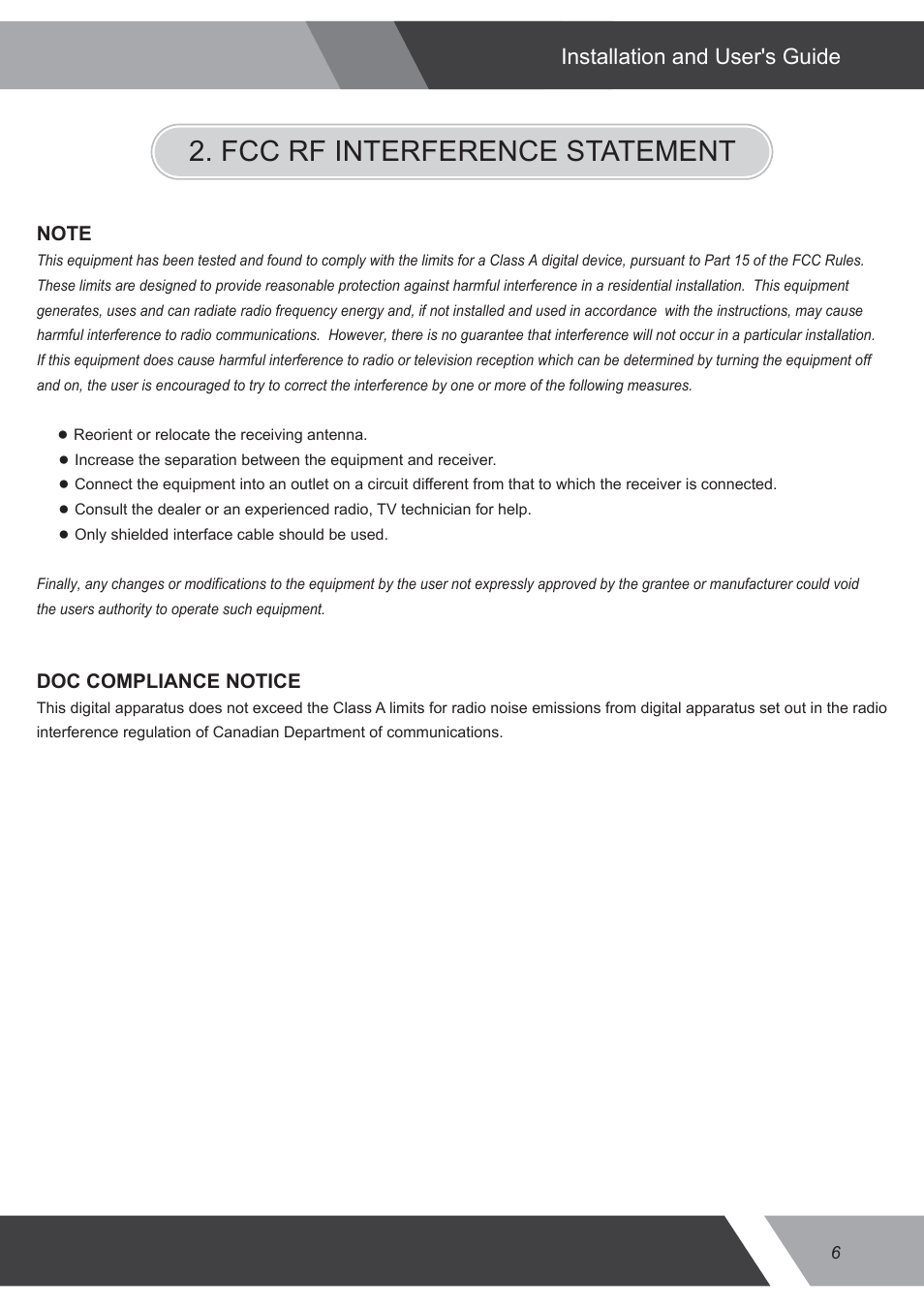 Fcc rf interference statement, Installation and user's guide | Eneo VMC-32LEDM User Manual | Page 6 / 36