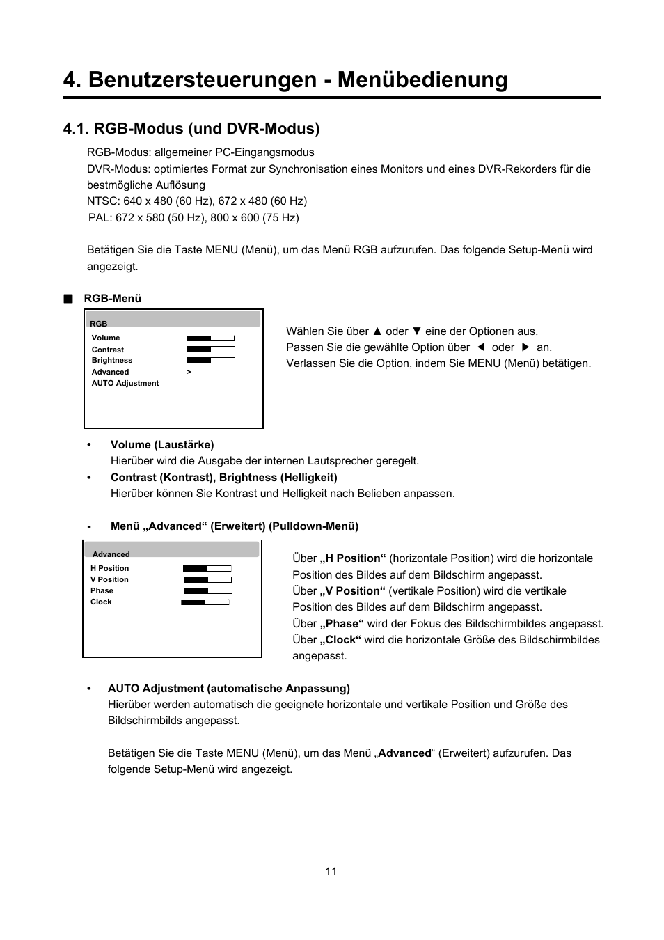 Benutzersteuerungen - menübedienung, Rgb-modus (und dvr-modus) | Eneo VMC-27LED User Manual | Page 11 / 60