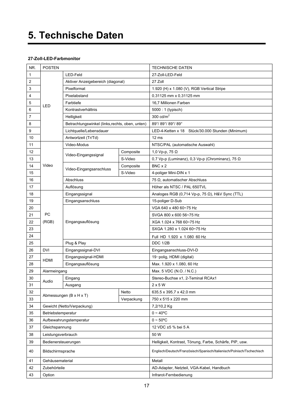 Technische daten | Eneo VMC-27LED User Manual | Page 17 / 60