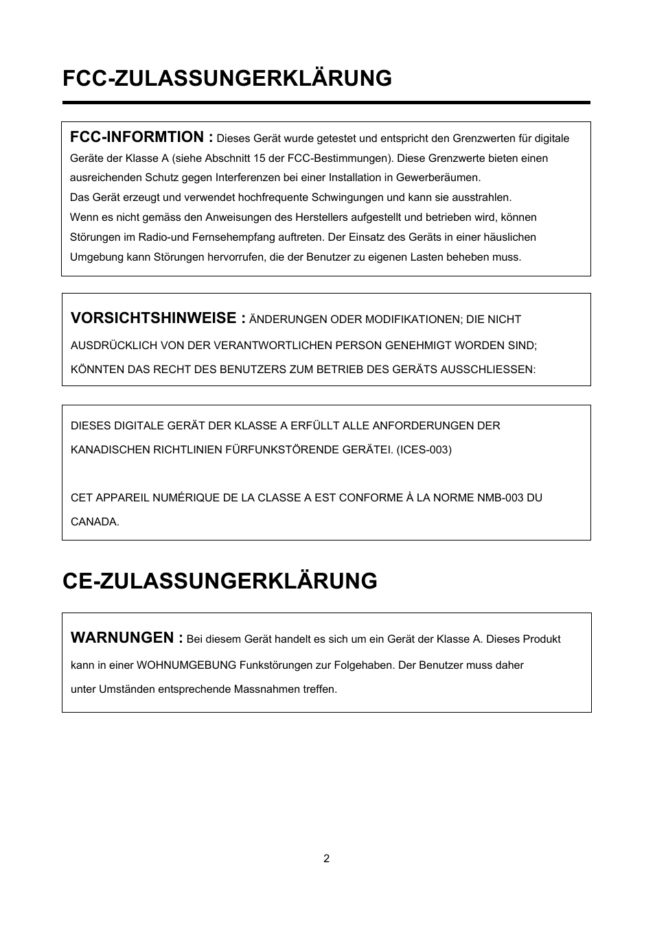 Fcc-zulassungerklärung, Ce-zulassungerklärung | Eneo VMC-27LED User Manual | Page 2 / 60