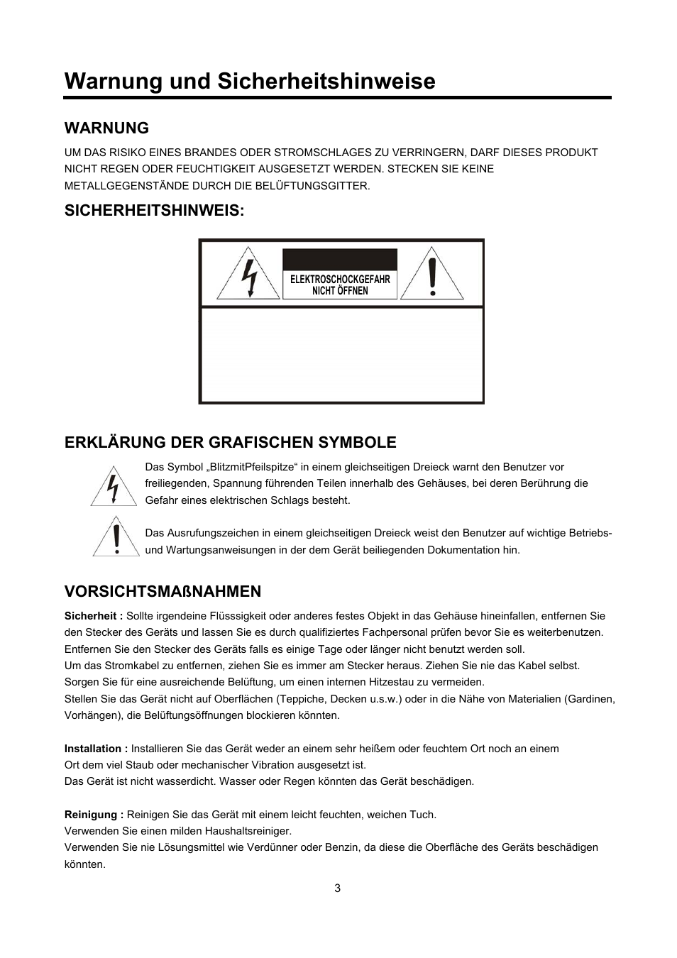 Warnung und sicherheitshinweise, Warnung, Sicherheitshinweis | Erklärung der grafischen symbole, Vorsichtsmaßnahmen | Eneo VMC-27LED User Manual | Page 3 / 60