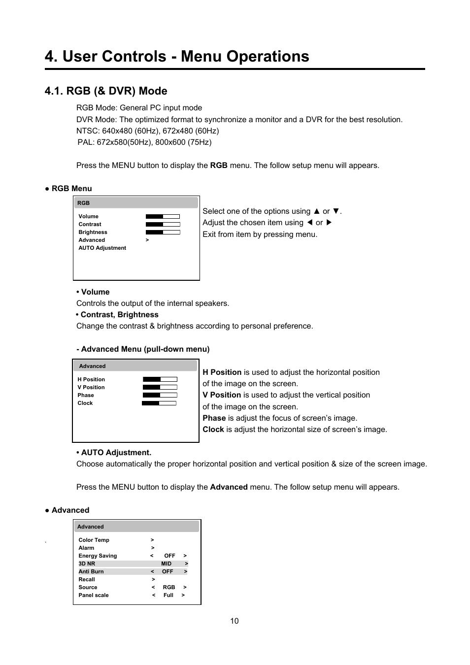 User controls - menu operations, Rgb (& dvr) mode | Eneo VMC-27LED User Manual | Page 30 / 60