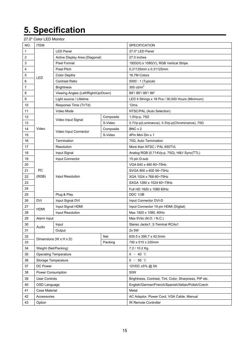 Specification | Eneo VMC-27LED User Manual | Page 35 / 60