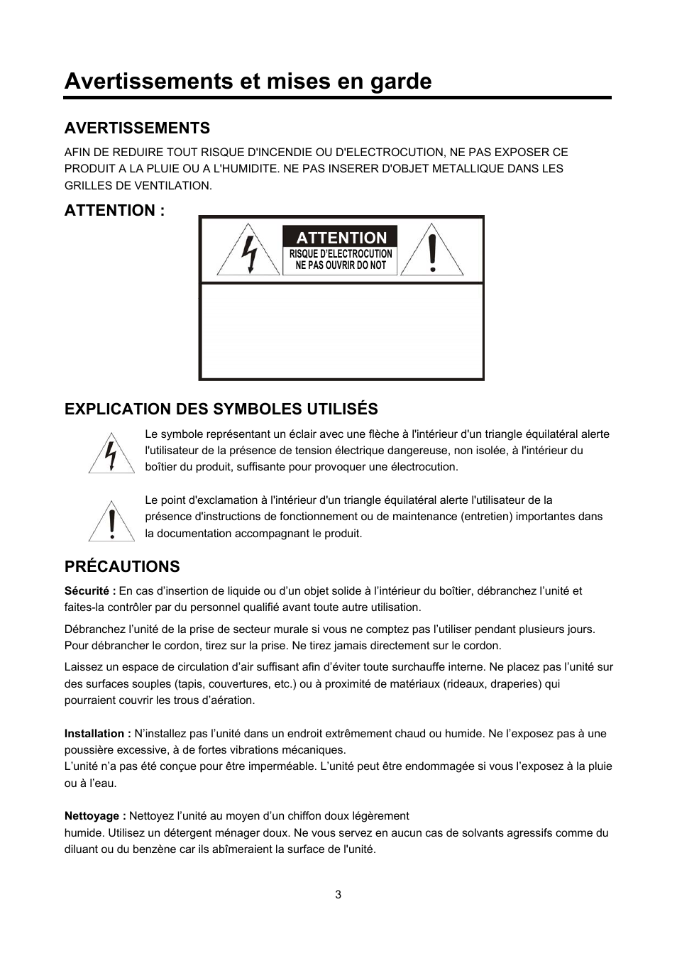 Avertissements et mises en garde, Avertissements, Attention | Explication des symboles utilisés, Précautions | Eneo VMC-27LED User Manual | Page 41 / 60