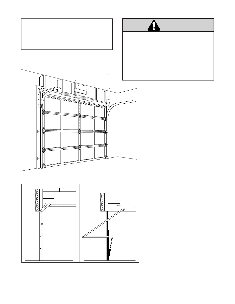 Installation section, Determine header bracket location, Sectional & 1 piece door w/track | Warning, Installation step 1, Proceed to step 2, page 14 | Chamberlain 9902 User Manual | Page 12 / 40