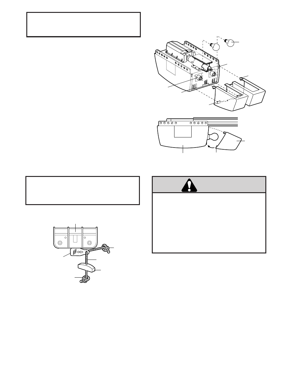 Light lenses, Untitled, Manual release rope & handle | Warning, Installation step 10, Installation step 11, Install the lights and lens, Attach the manual release rope and handle | Chamberlain 9902 User Manual | Page 23 / 40