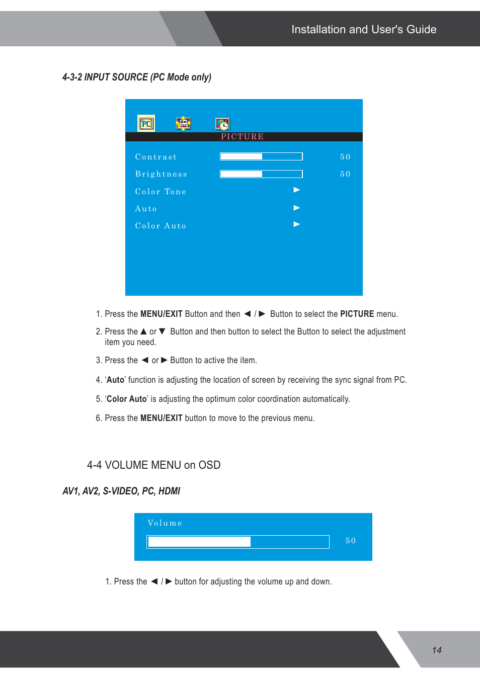 Installation and user's guide, 4 volume menu on osd | Eneo VMC-17LEDOPC4 B User Manual | Page 14 / 20