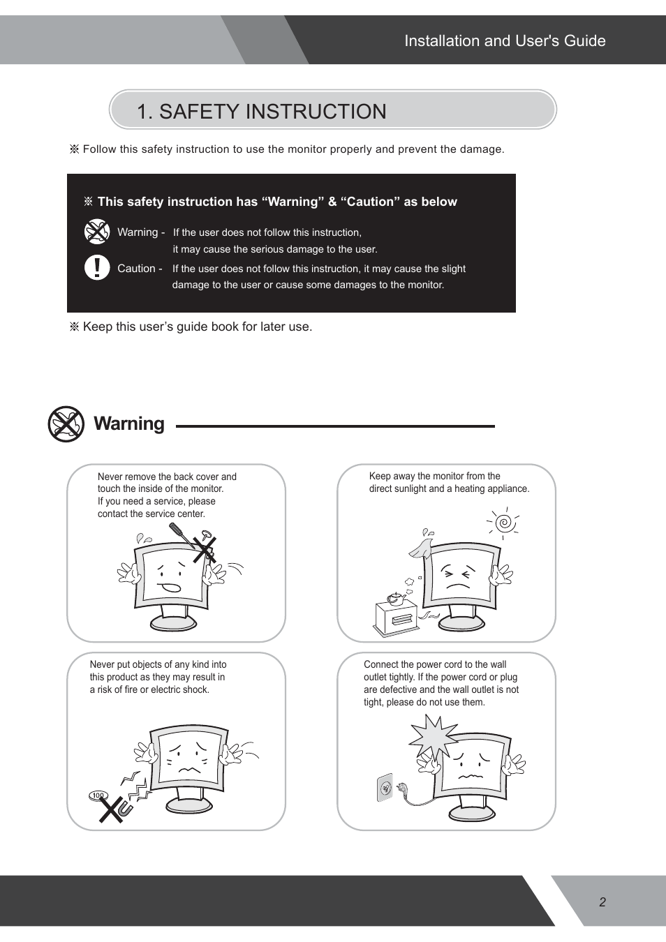Safety instruction, Warning, Installation and user's guide | Eneo VMC-17LEDOPC4 B User Manual | Page 2 / 20
