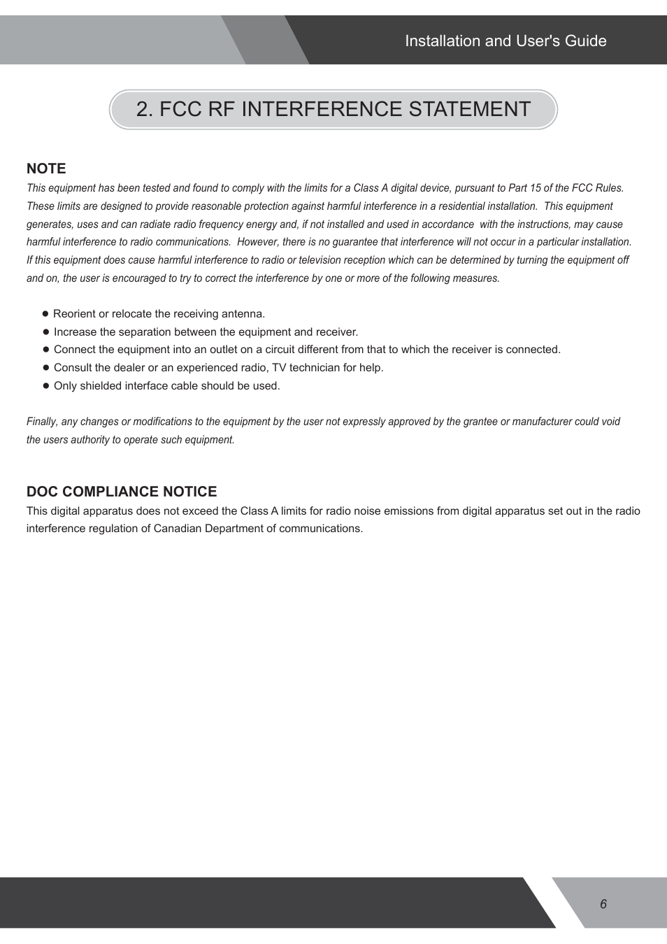 Fcc rf interference statement, Installation and user's guide | Eneo VMC-17LEDOPC4 B User Manual | Page 6 / 20
