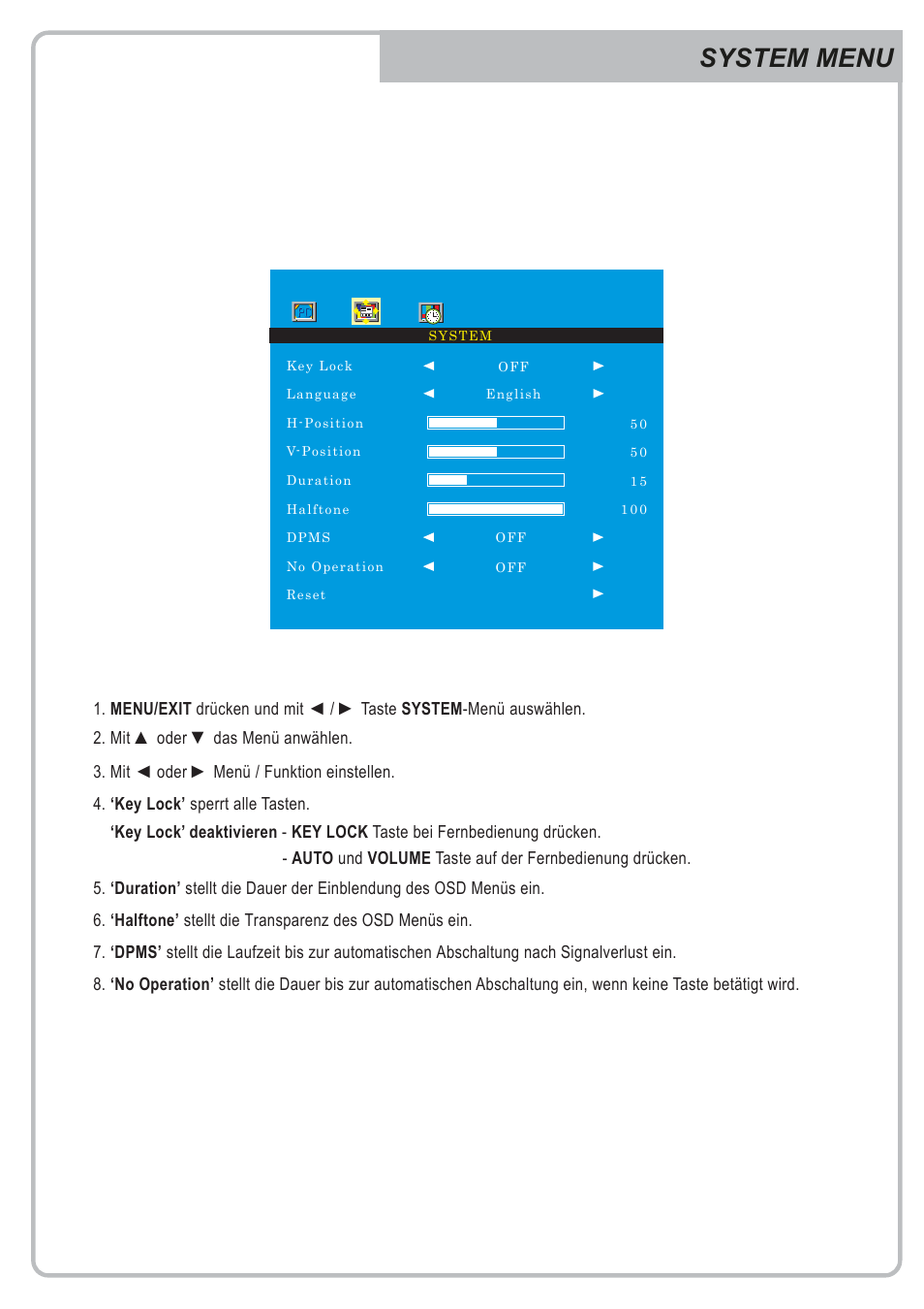 System menu | Eneo VMC-17LCDM User Manual | Page 14 / 40