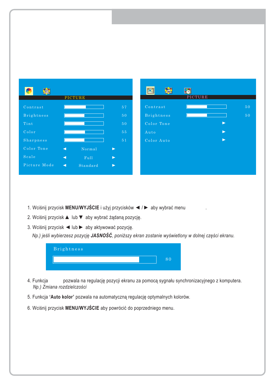 Picture menu, Pc mode only, Av1/2, s-video & hdmi mode | Eneo VMC-17LCDM User Manual | Page 29 / 40