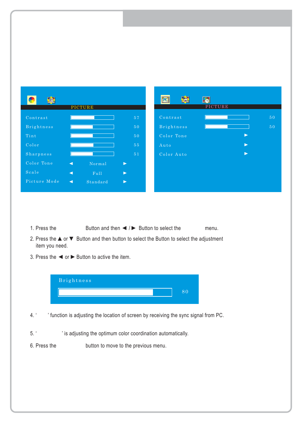 Picture menu, Pc mode only, Av1/2, s-video & hdmi mode | Eneo VMC-17LCDM User Manual | Page 5 / 40