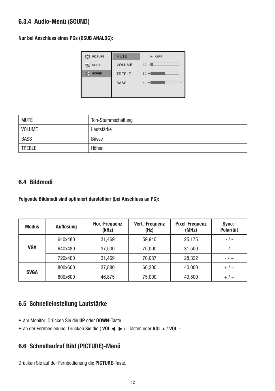 4 audio-menü (sound), 4 bildmodi, 5 schnelleinstellung lautstärke | 6 schnellaufruf bild (picture)-menü | Eneo VMC-10.4LED-CP User Manual | Page 12 / 56