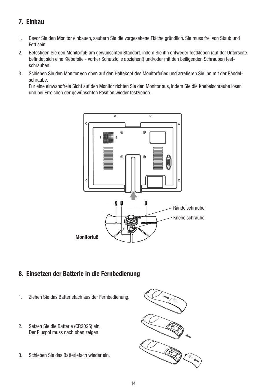 Einbau, Einsetzen der batterie in die fernbedienung | Eneo VMC-10.4LED-CP User Manual | Page 14 / 56