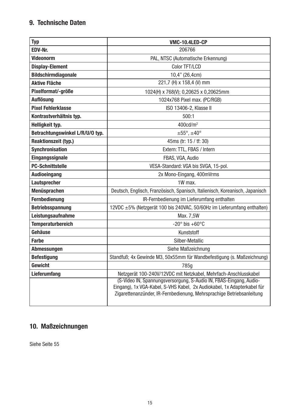 Technische daten, Maßzeichnungen | Eneo VMC-10.4LED-CP User Manual | Page 15 / 56
