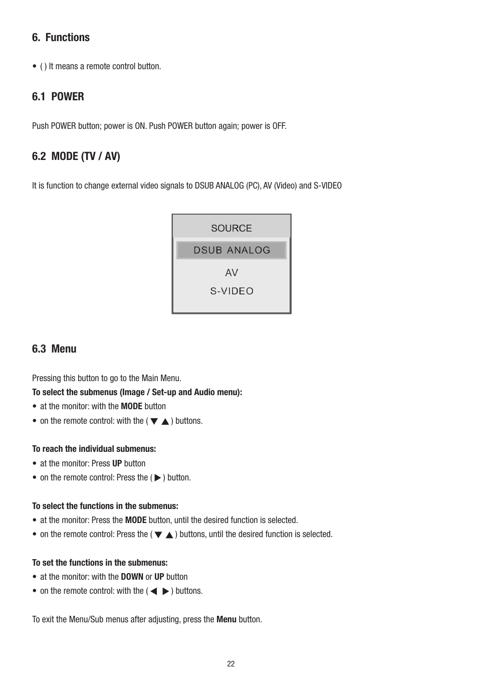 Functions, 1 power, 2 mode (tv / av) | 3 menu | Eneo VMC-10.4LED-CP User Manual | Page 22 / 56
