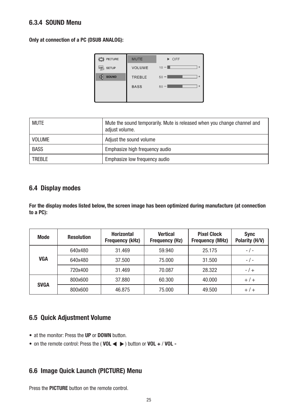 4 sound menu, 4 display modes, 5 quick adjustment volume | 6 image quick launch (picture) menu | Eneo VMC-10.4LED-CP User Manual | Page 25 / 56