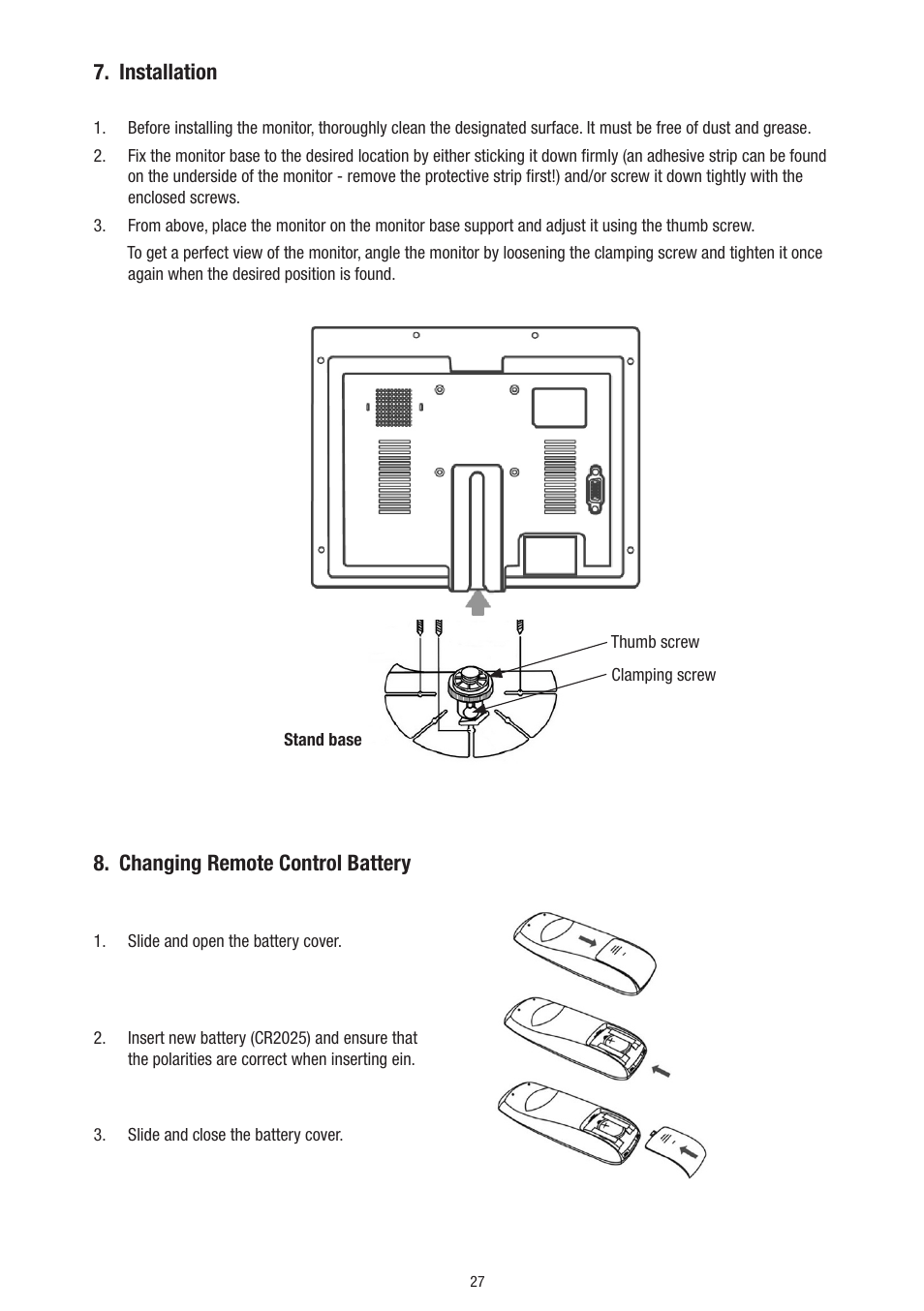 Installation, Changing remote control battery | Eneo VMC-10.4LED-CP User Manual | Page 27 / 56