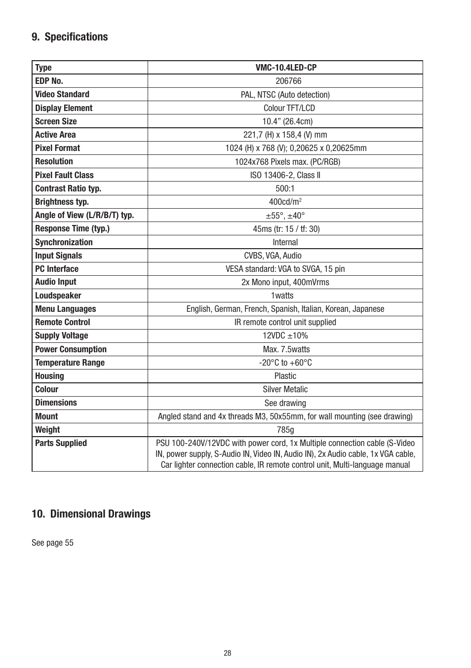 Specifications, Dimensional drawings | Eneo VMC-10.4LED-CP User Manual | Page 28 / 56