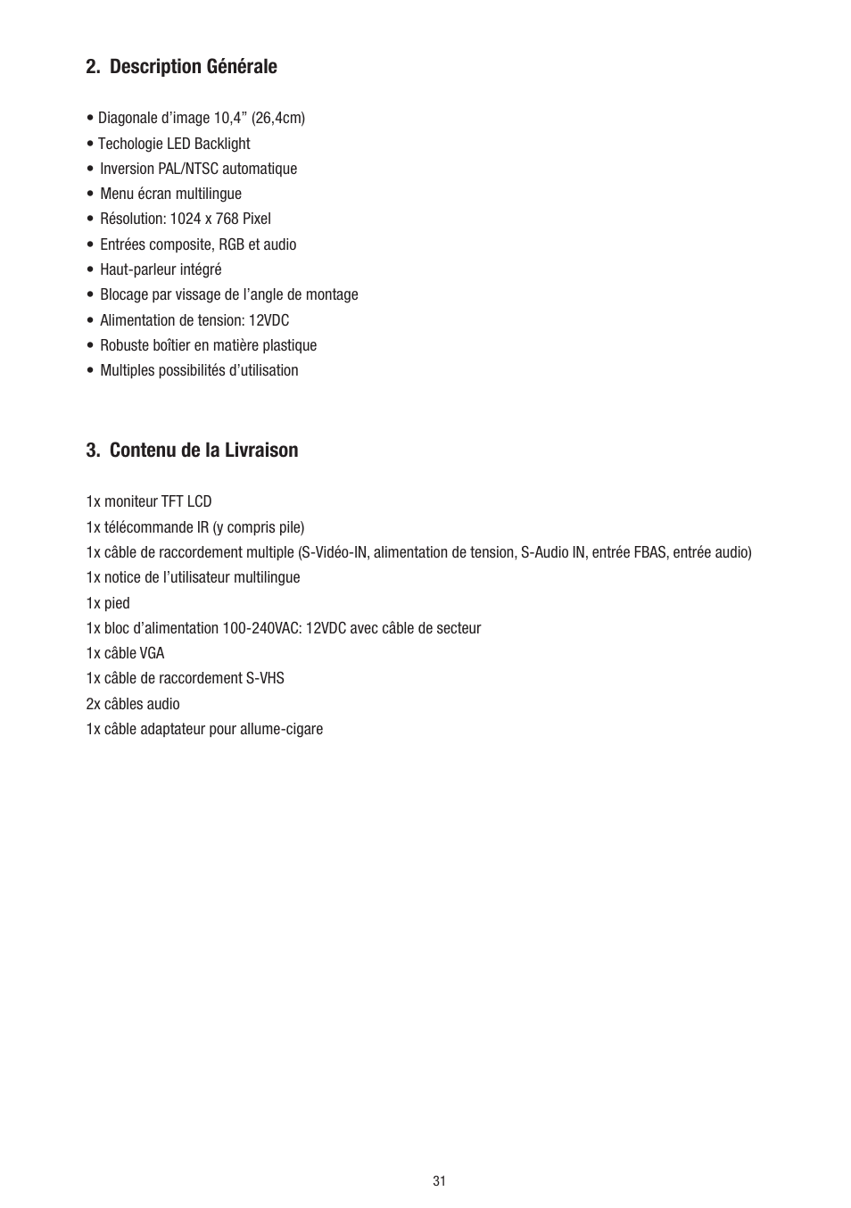 Description générale, Contenu de la livraison | Eneo VMC-10.4LED-CP User Manual | Page 31 / 56