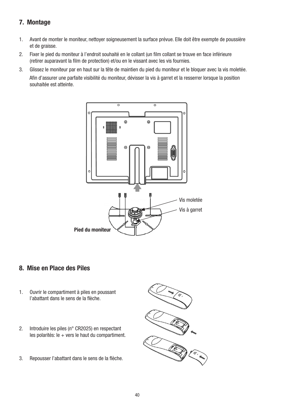 Montage, Mise en place des piles | Eneo VMC-10.4LED-CP User Manual | Page 40 / 56