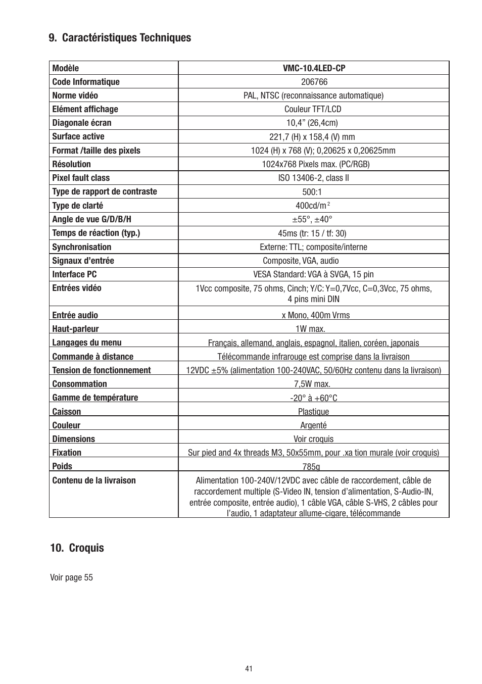 Caractéristiques techniques, Croquis | Eneo VMC-10.4LED-CP User Manual | Page 41 / 56
