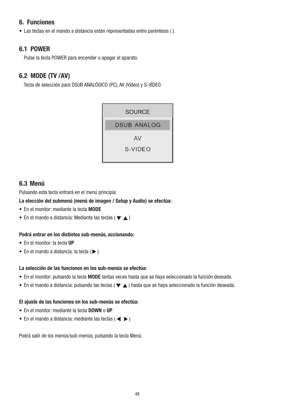 Funciones, 1 power, 2 mode (tv /av) | 3 menú | Eneo VMC-10.4LED-CP User Manual | Page 48 / 56