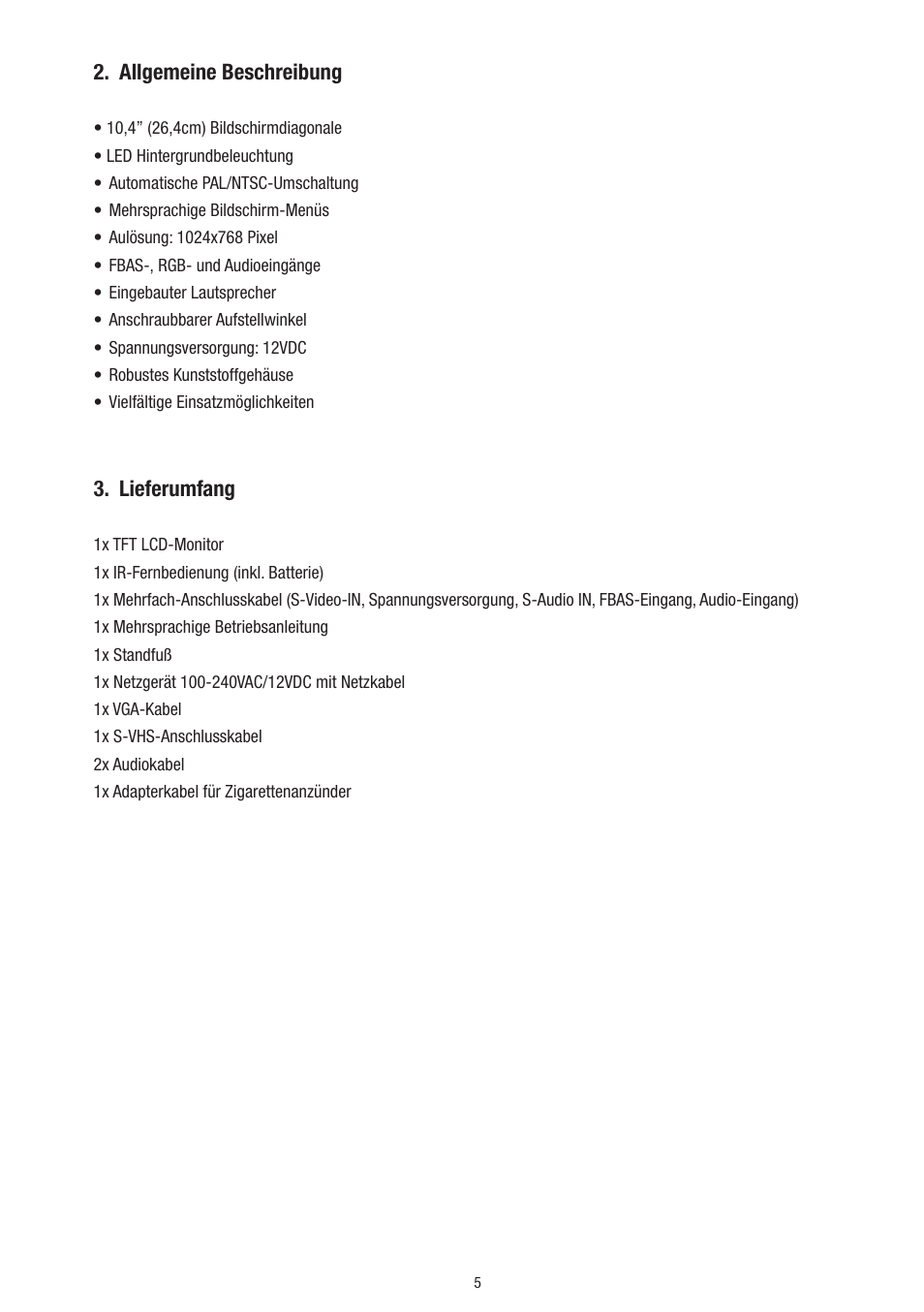 Allgemeine beschreibung, Lieferumfang | Eneo VMC-10.4LED-CP User Manual | Page 5 / 56