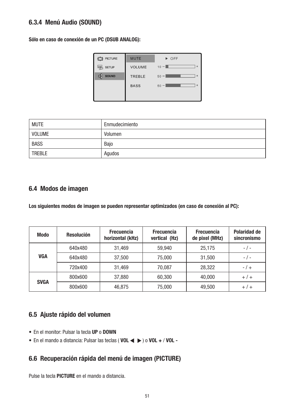 4 menú audio (sound), 4 modos de imagen, 5 ajuste rápido del volumen | 6 recuperación rápida del menú de imagen (picture) | Eneo VMC-10.4LED-CP User Manual | Page 51 / 56