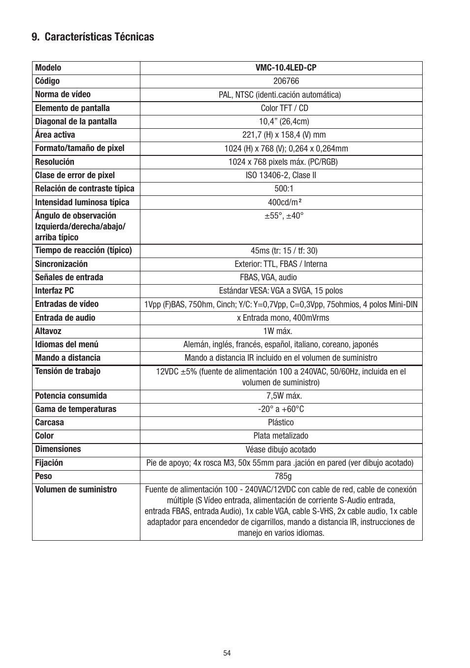 Características técnicas | Eneo VMC-10.4LED-CP User Manual | Page 54 / 56