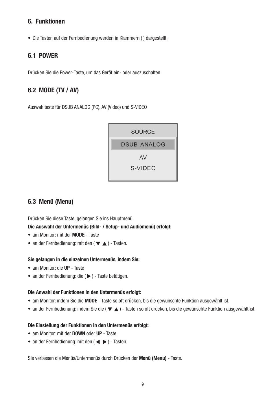 Funktionen, 1 power, 2 mode (tv / av) | 3 menü (menu) | Eneo VMC-10.4LED-CP User Manual | Page 9 / 56