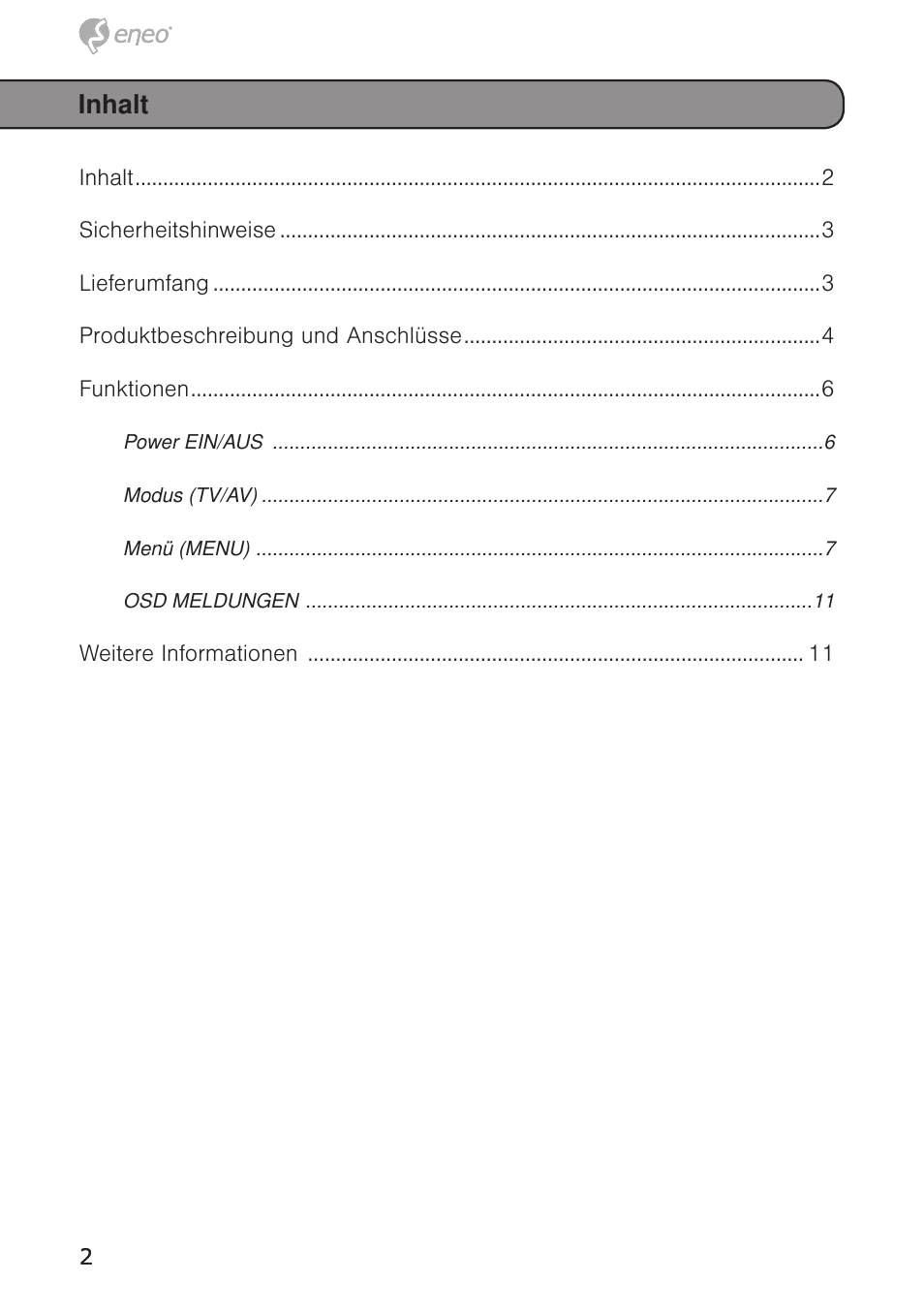 Inhalt | Eneo VMC-10.4LED-CM User Manual | Page 2 / 56