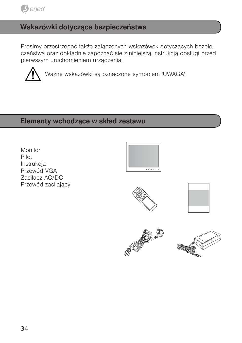 Wskazówki dotyczące bezpieczeństwa, Elementy wchodzące w skład zestawu | Eneo VMC-10.4LED-CM User Manual | Page 34 / 56