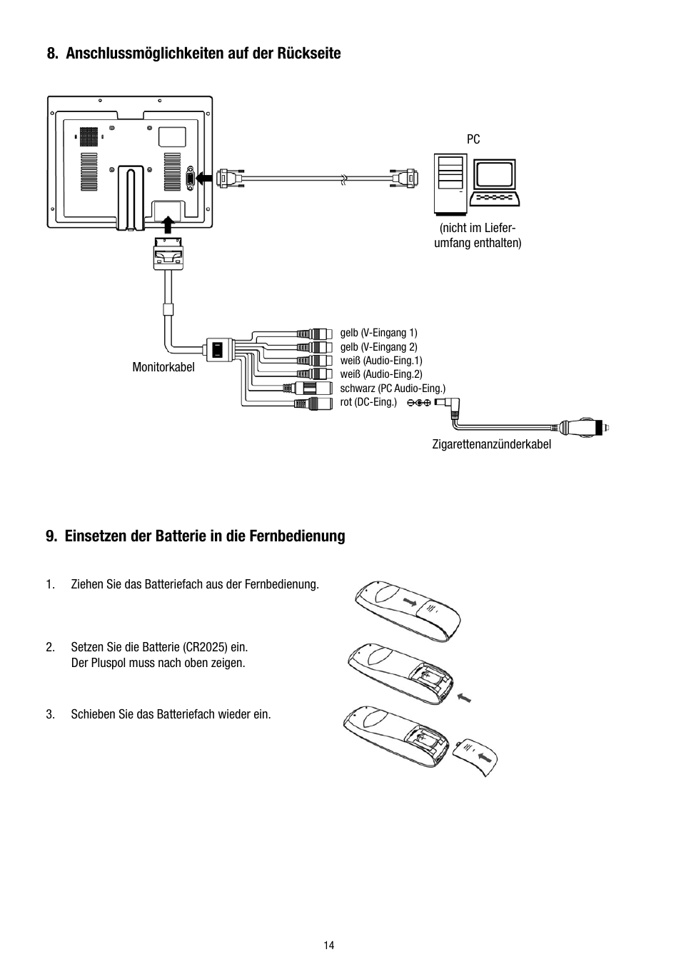 Einsetzen der batterie in die fernbedienung, Anschlussmöglichkeiten auf der rückseite | Eneo VMC-8LCD-CP01B User Manual | Page 14 / 56