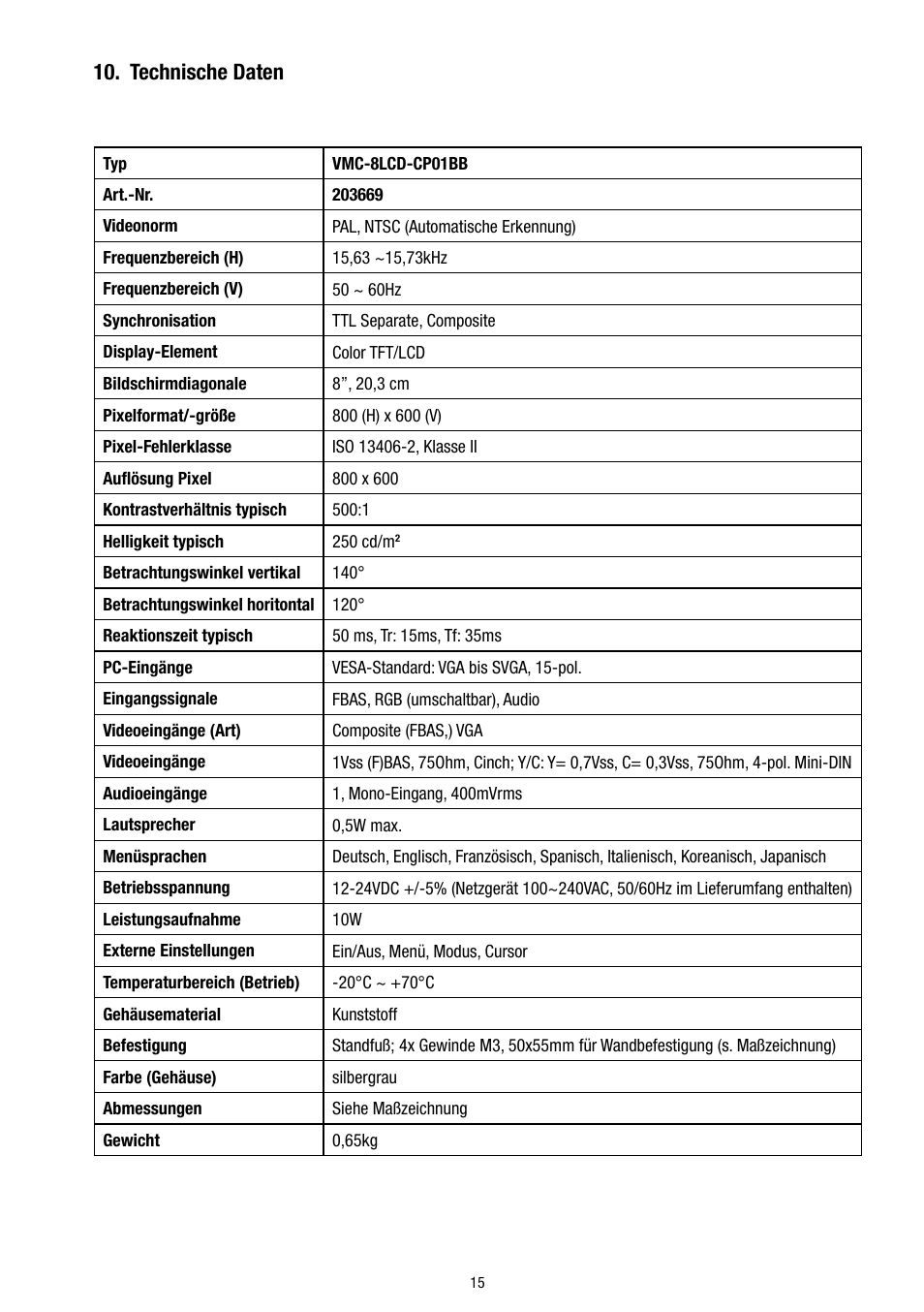 Technische daten | Eneo VMC-8LCD-CP01B User Manual | Page 15 / 56