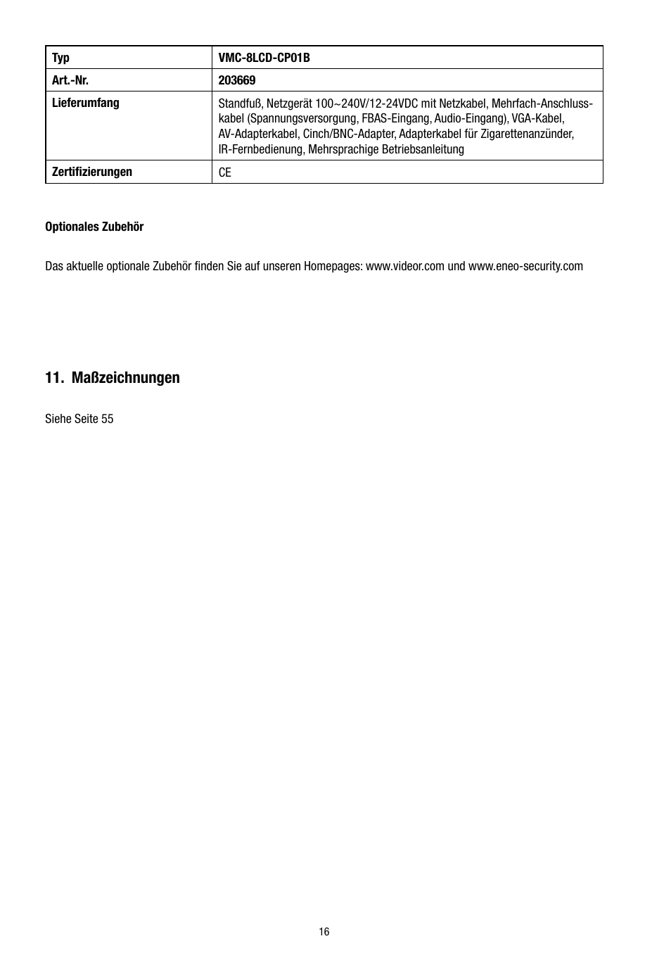 Maßzeichnungen | Eneo VMC-8LCD-CP01B User Manual | Page 16 / 56