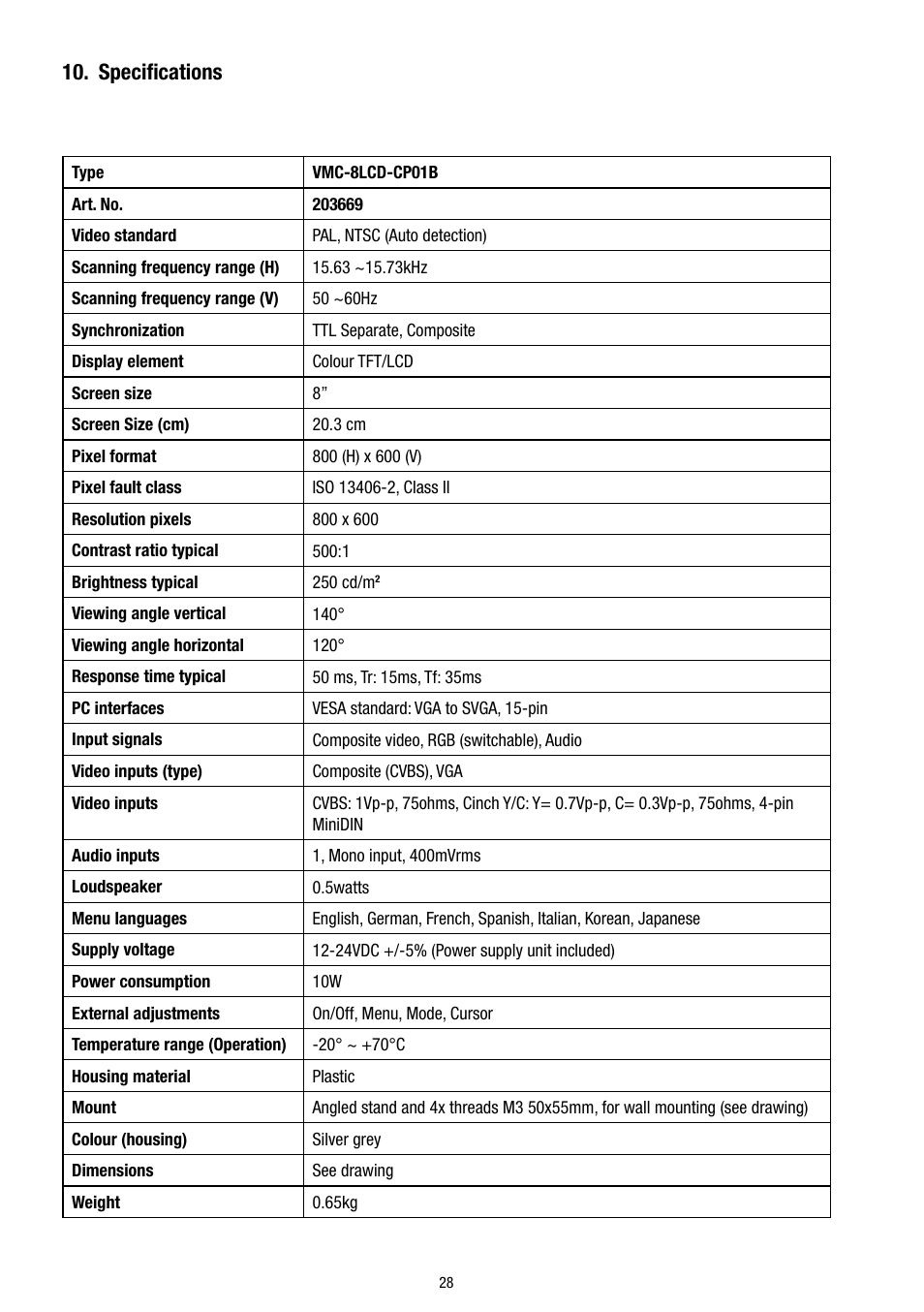 Specifications | Eneo VMC-8LCD-CP01B User Manual | Page 28 / 56