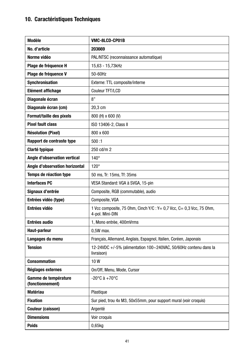 Caractéristiques techniques | Eneo VMC-8LCD-CP01B User Manual | Page 41 / 56