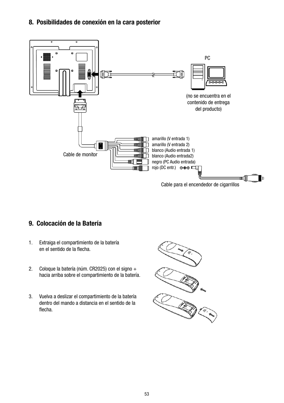 Colocación de la batería, Posibilidades de conexión en la cara posterior | Eneo VMC-8LCD-CP01B User Manual | Page 53 / 56