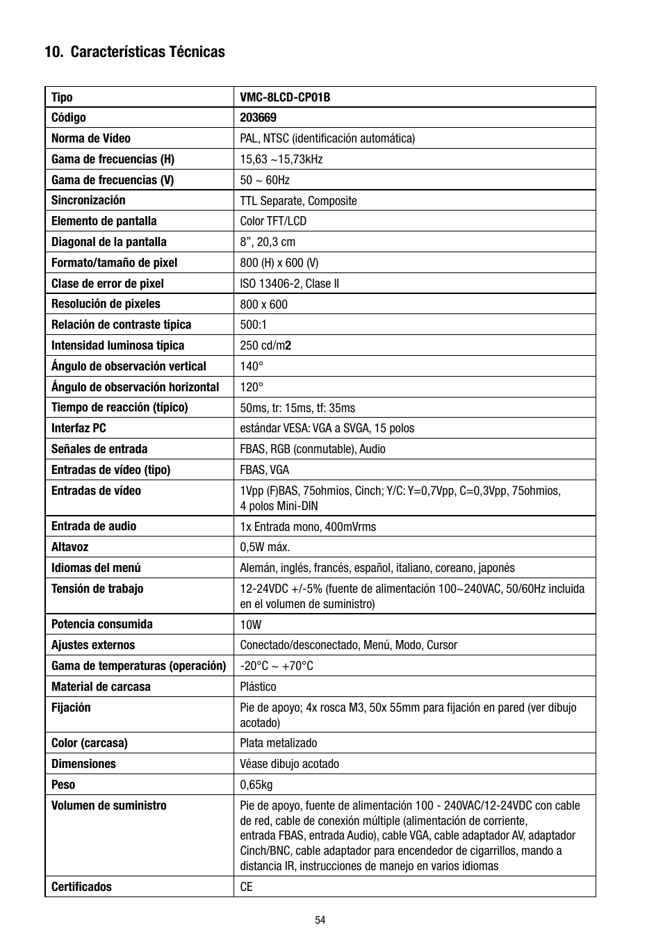 Características técnicas | Eneo VMC-8LCD-CP01B User Manual | Page 54 / 56