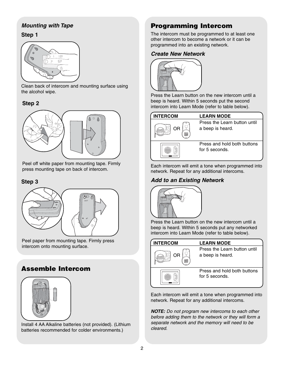 Mounting with tape, Assemble intercom, Programming intercom | Chamberlain ROI2 User Manual | Page 2 / 4